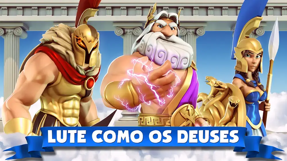 Zeus, ao centro, ladeado por guerreiros gregos em Deuses do Olimpo