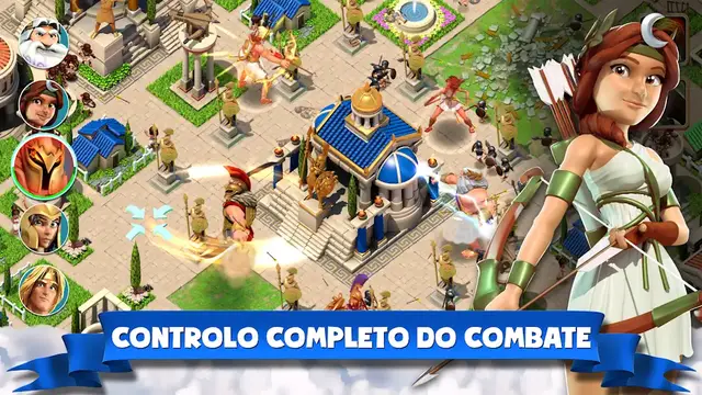 Cidade vista de cima em Deuses do Olimpo, com o ecrã Controlo completo do combate