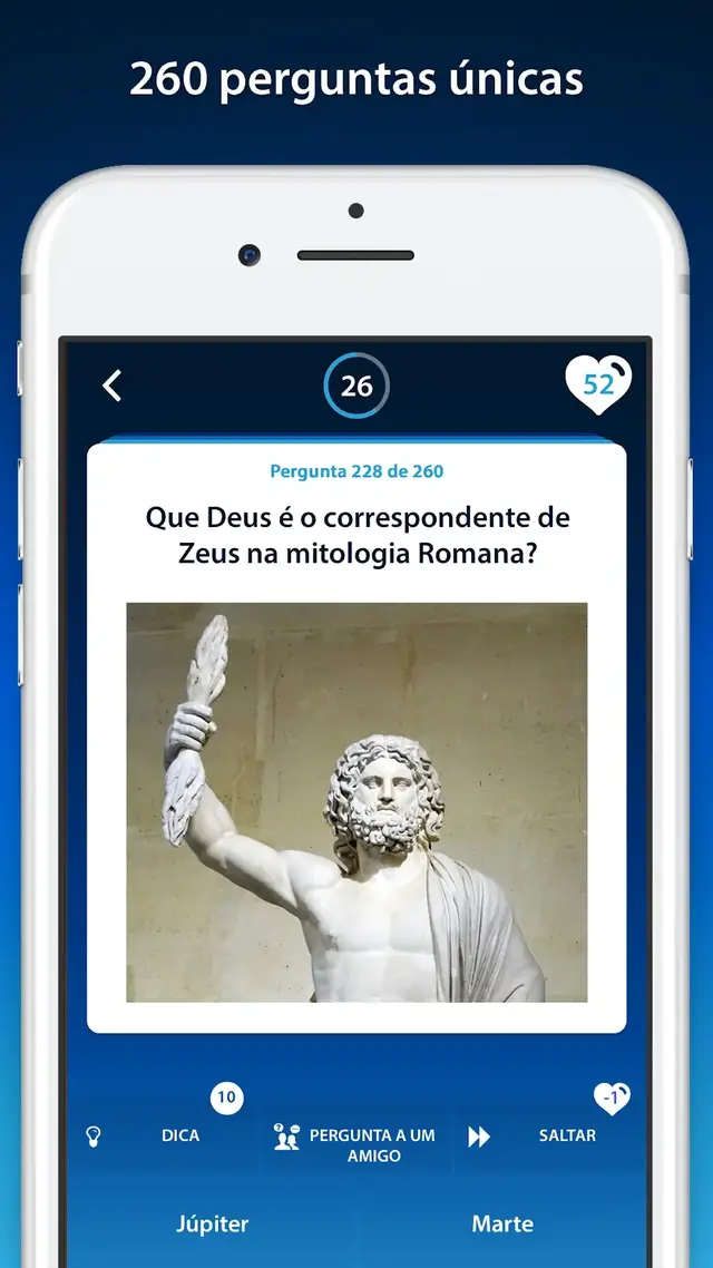 Pergunta do Jogo de Quiz de Mitologia sobre o equivalente romano de Zeus, com uma estátua
